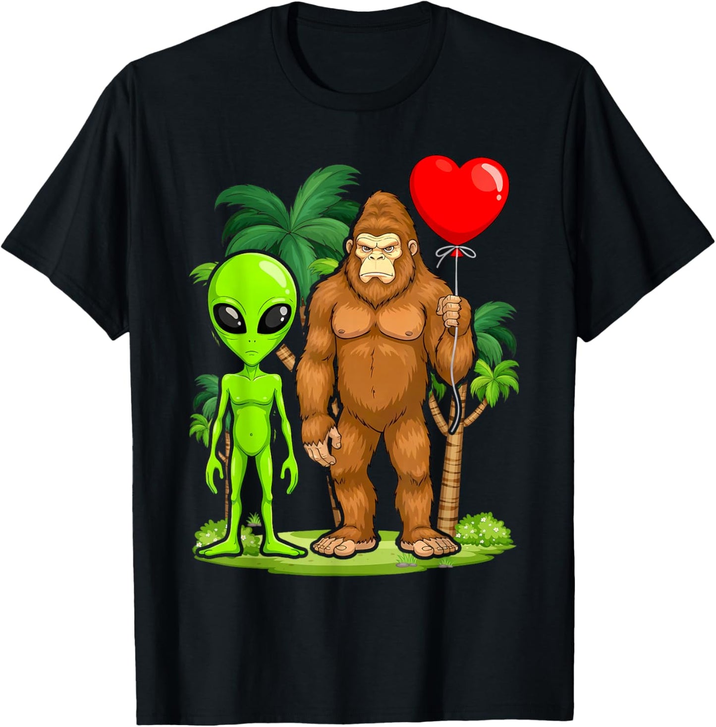 Cute Bigfoot Alien Love Sasquatch Heart Valentine's Day T-Shirt - T-Shirt | Black