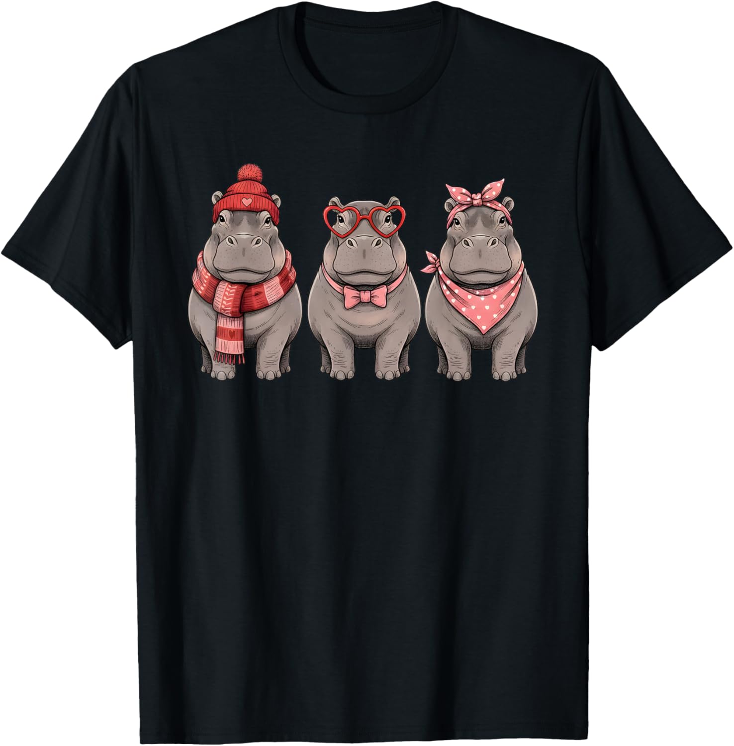 Retro Hippo Cute Valentine Safari Animal T-Shirt - T-Shirt | Black