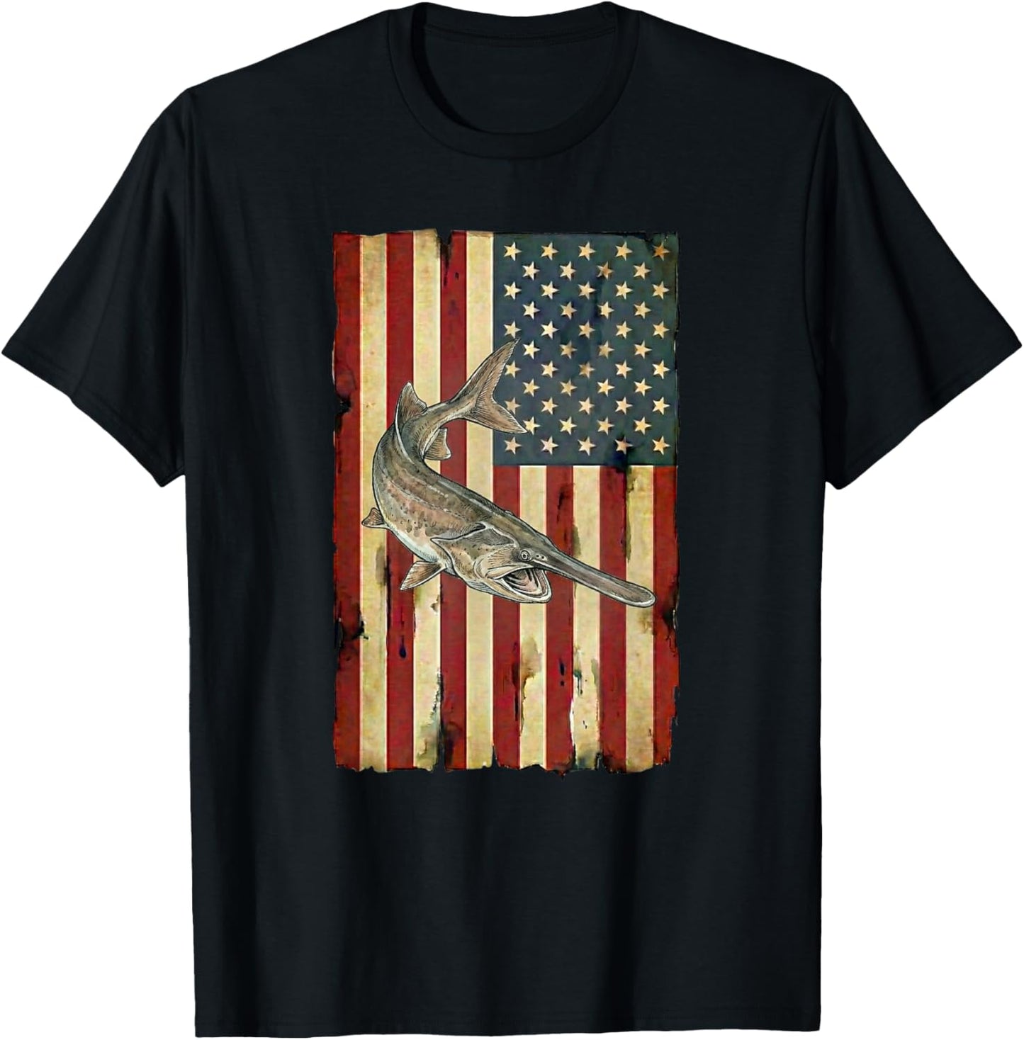 Paddlefish American Flag Patriotic Fishing USA Angler T-Shirt - T-Shirt | Black