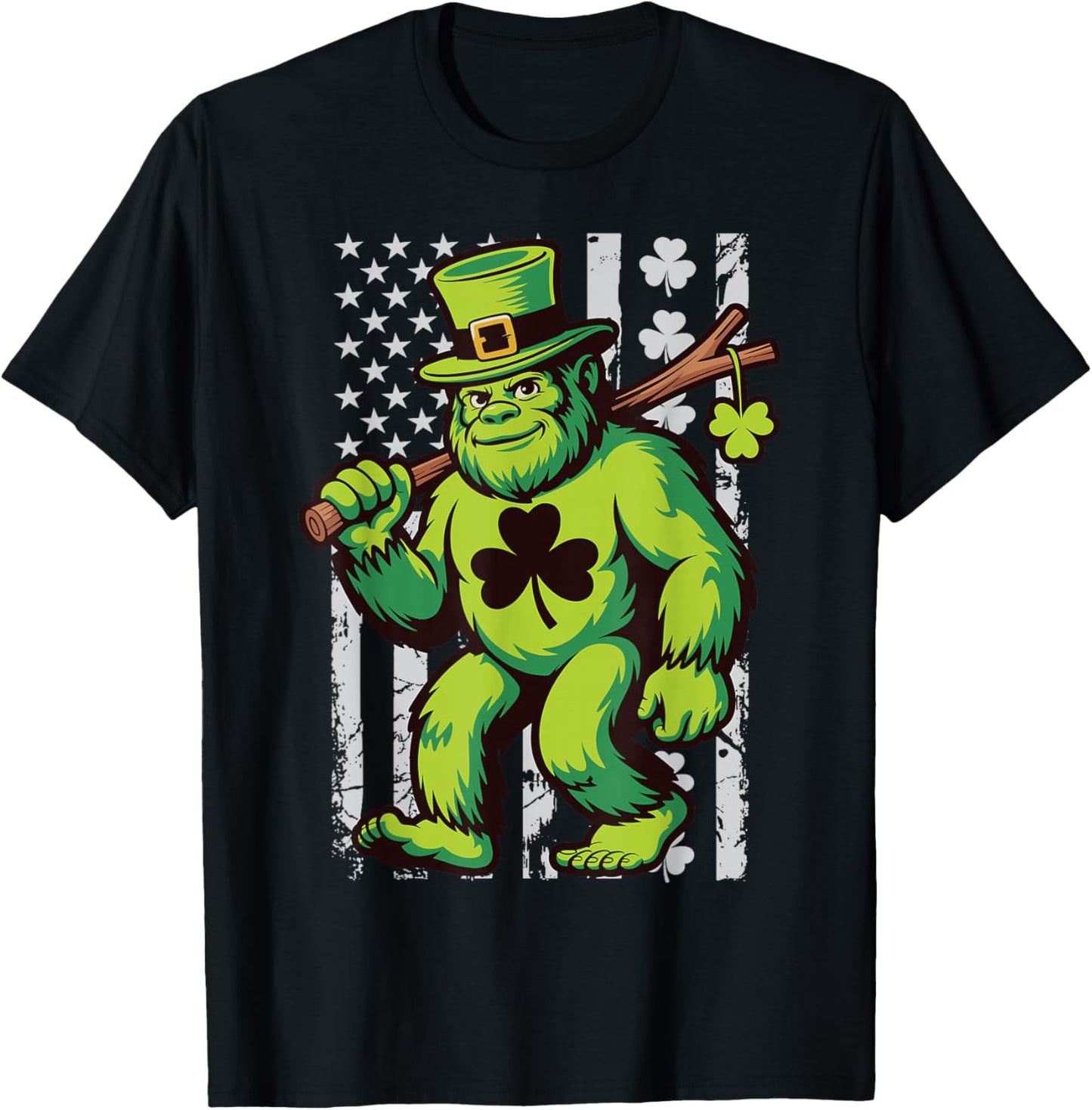 St Patricks Day Bigfoot American Flag USA Shamrocks Vintage T-Shirt - T-Shirt | Black