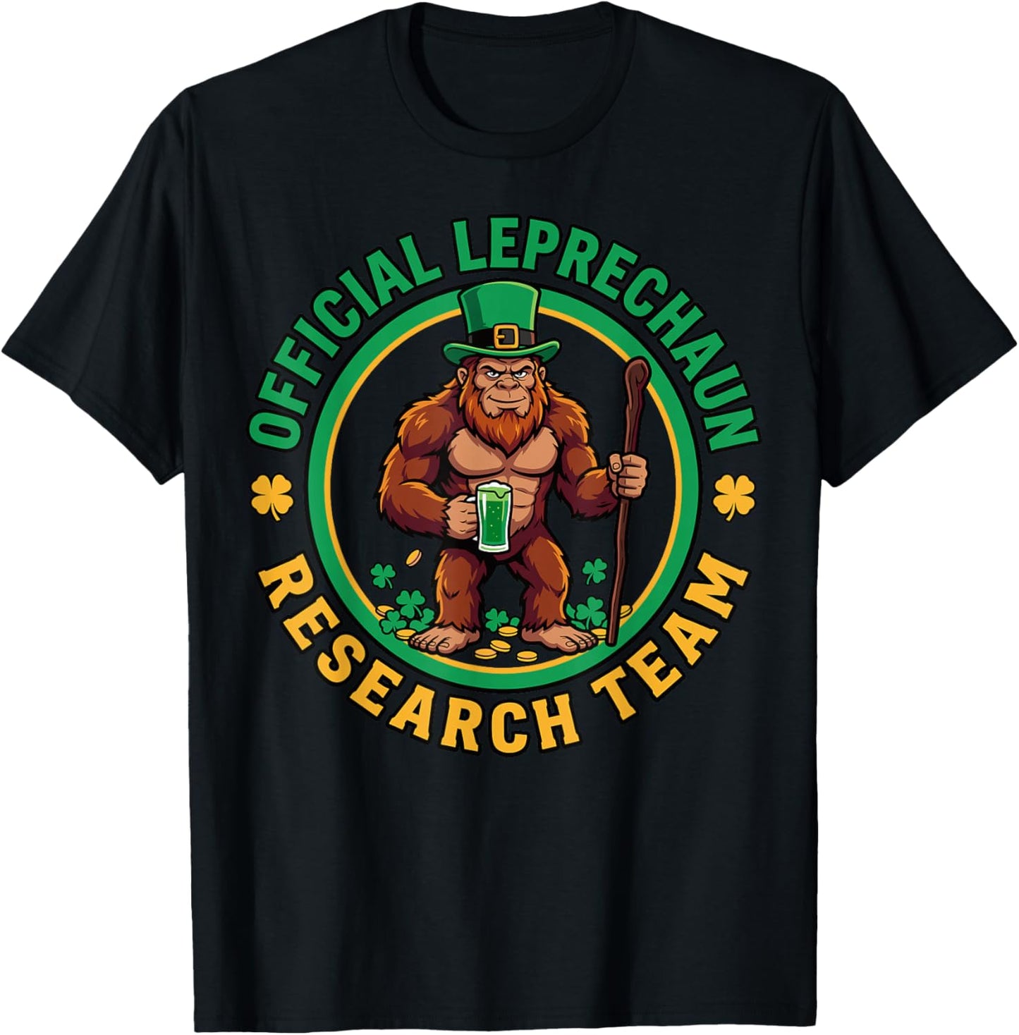 Official Leprechaun Research Team Bigfoot St Patricks Day T-Shirt - T-Shirt | Black