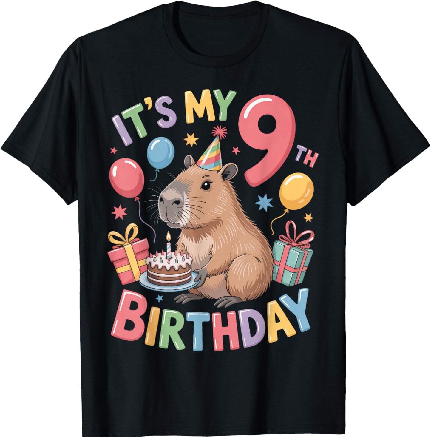 Adorable Capybara Animal It's My 9th Birthday Kids T-Shirt - T-Shirt | Black