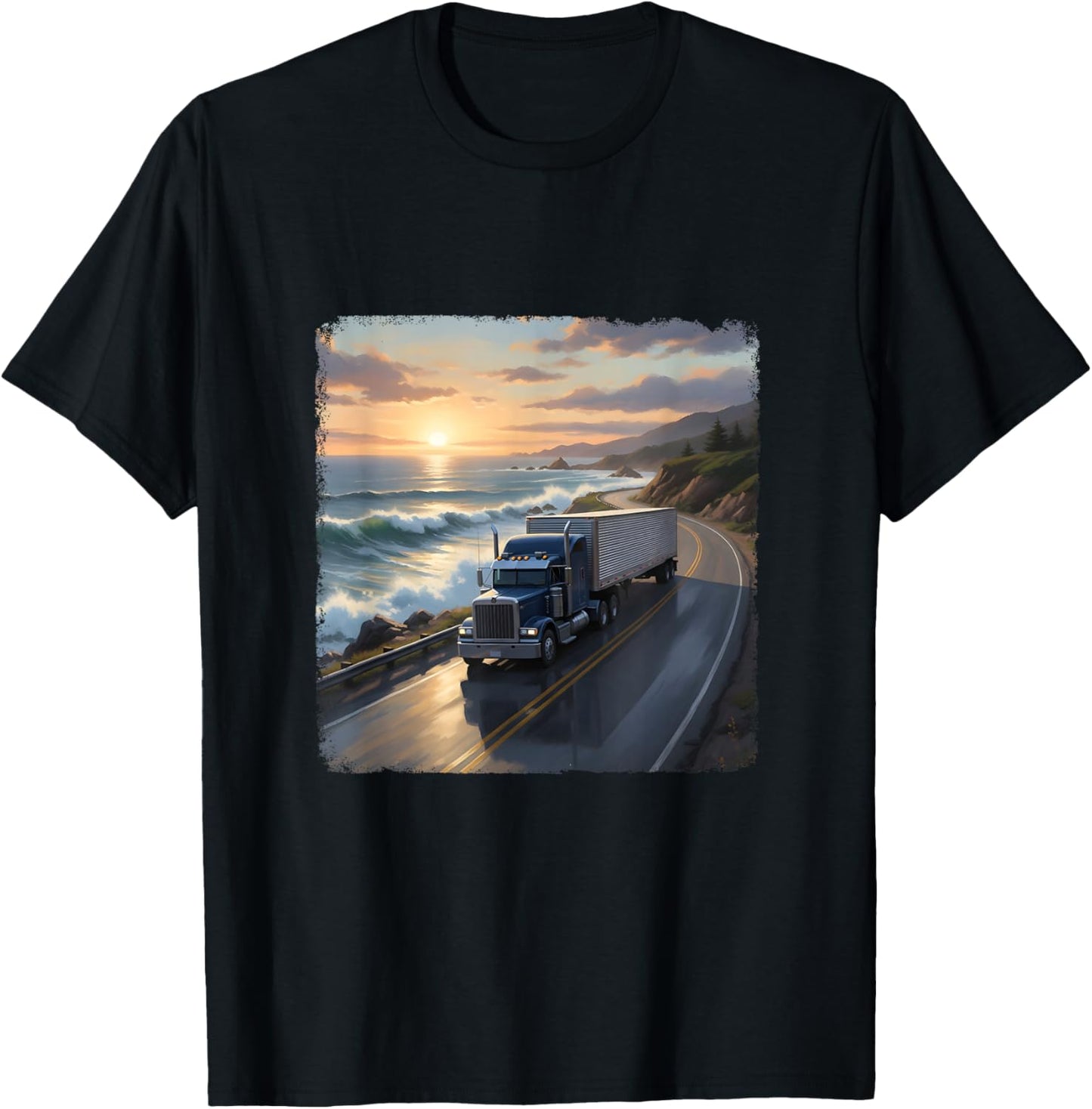 Coastline Sunrise Trucker Truck Driver Truck Lover Highway T-Shirt - T-Shirt | Black