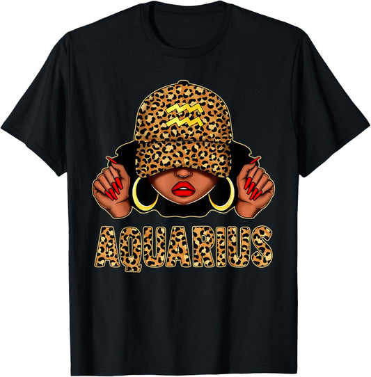 Aquarius Black Woman Leopard Cap Hat Zodiac Sign Birthday T-Shirt - T-Shirt | Black