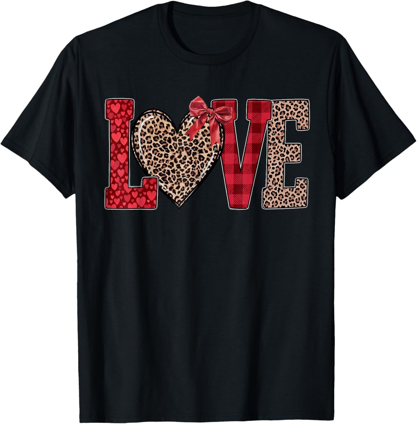 Valentines Day Hearts Leopard Coquette Bow Women Girls Boys T-Shirt - T-Shirt | Black