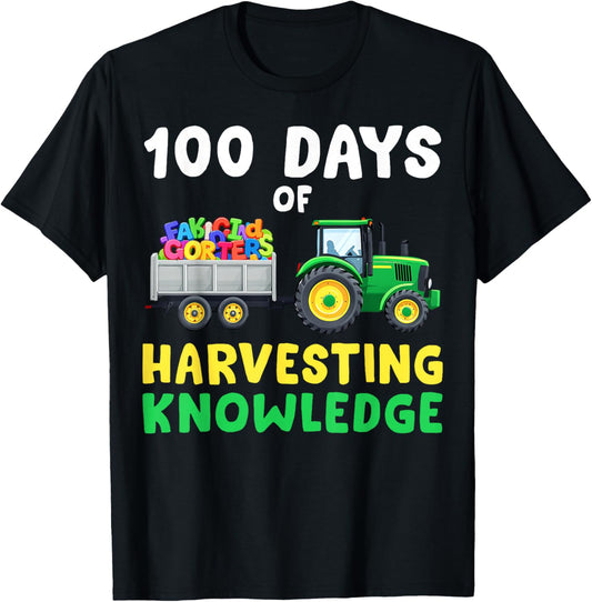 100 Days of School Tractor Harvesting Knowledge Boys Girls T-Shirt - T-Shirt | Black