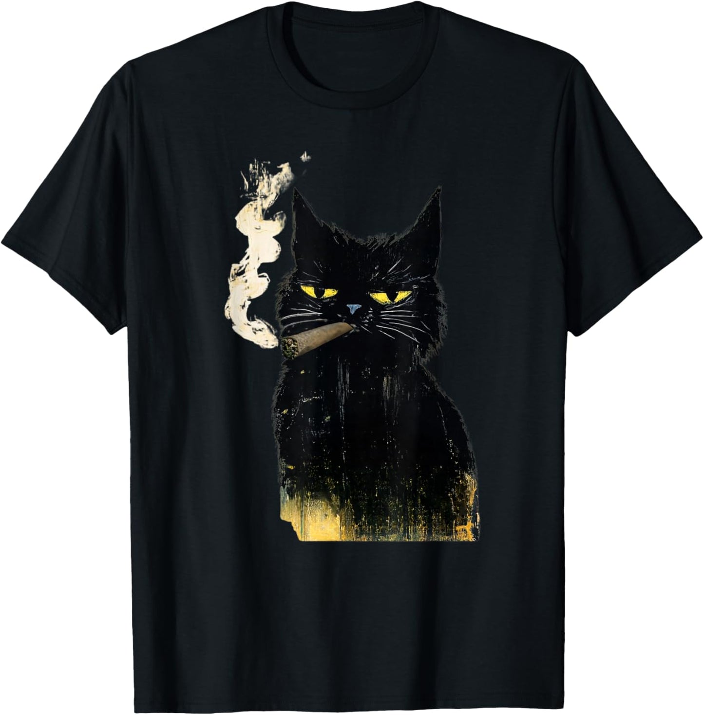 Funny Adult Vintage Black Cat Smoking Blunt Weed Art Paint T-Shirt - T-Shirt | Black