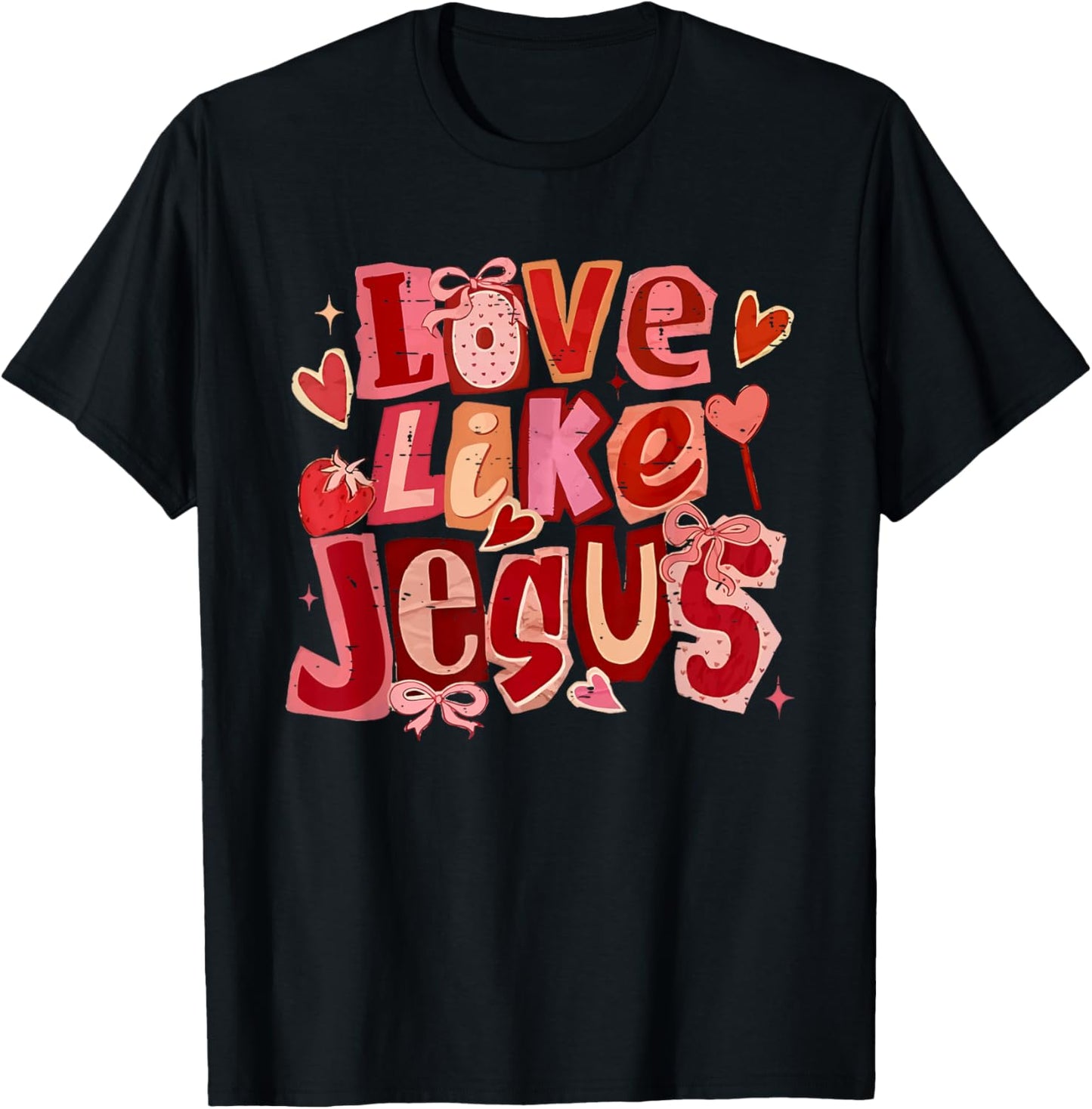 Vintage Love Like Jesus Coquette Bow Christian Valentine T-Shirt - T-Shirt | Black