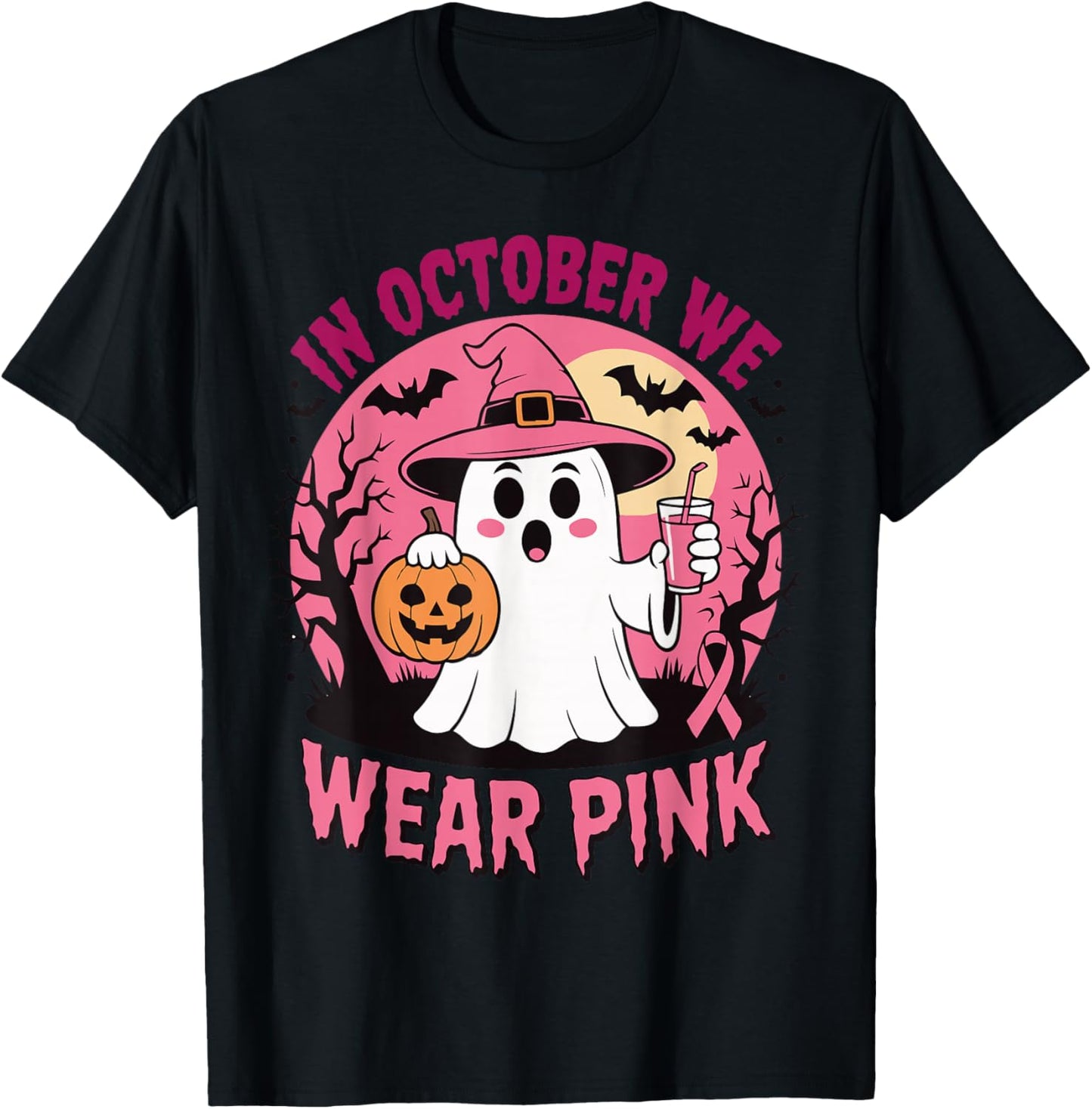 Breast Cancer in October We Wear Pink Ghost T-Shirt - T-Shirt | Black
