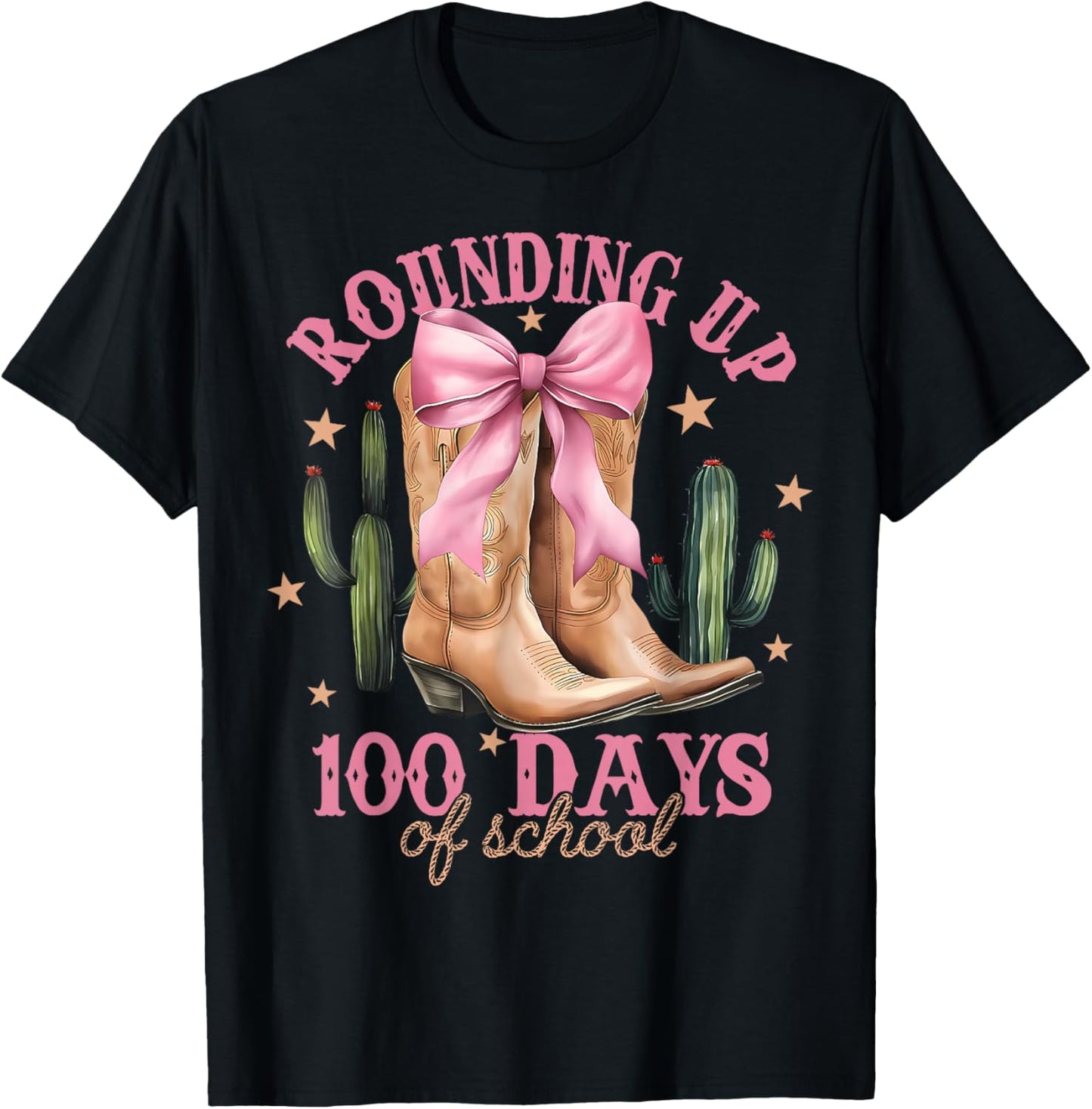 Funny Rounding Up 100 Days of School Pink Coquette Cowgirl T-Shirt - T-Shirt | Black