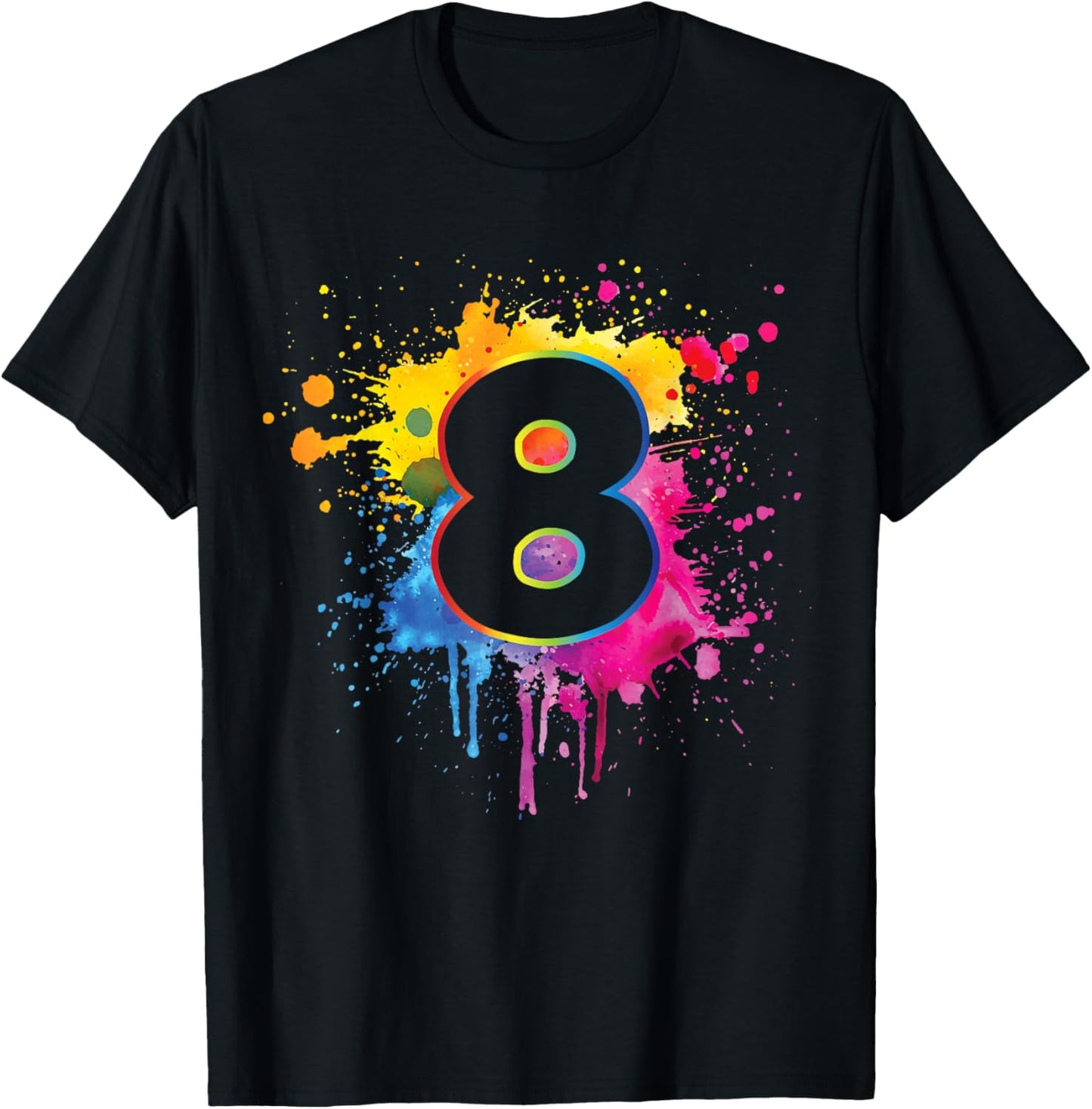 8th Birthday Colorful Paint Splashes 8 Year Old Girls Boys T-Shirt - T-Shirt | Black