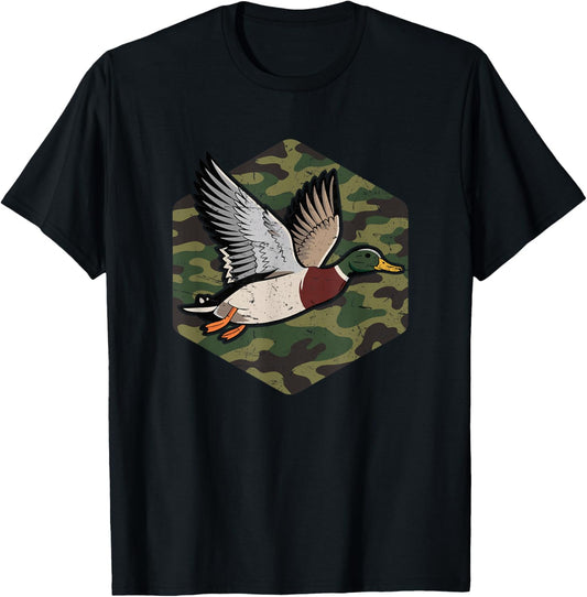 Vintage Flying Duck Hunting Camouflage Mallard Outdoors Wild T-Shirt - T-Shirt | Black