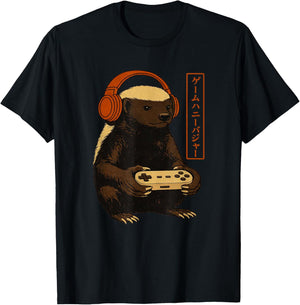 Japanese Gamer Honey Badger Art Men Women Boys Funny Vintage T-Shirt - T-Shirt | Black