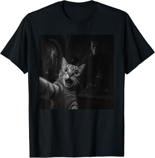 Funny Halloween Surprised Scared Cat Selfie Frankenstein T-Shirt - T-Shirt | Black