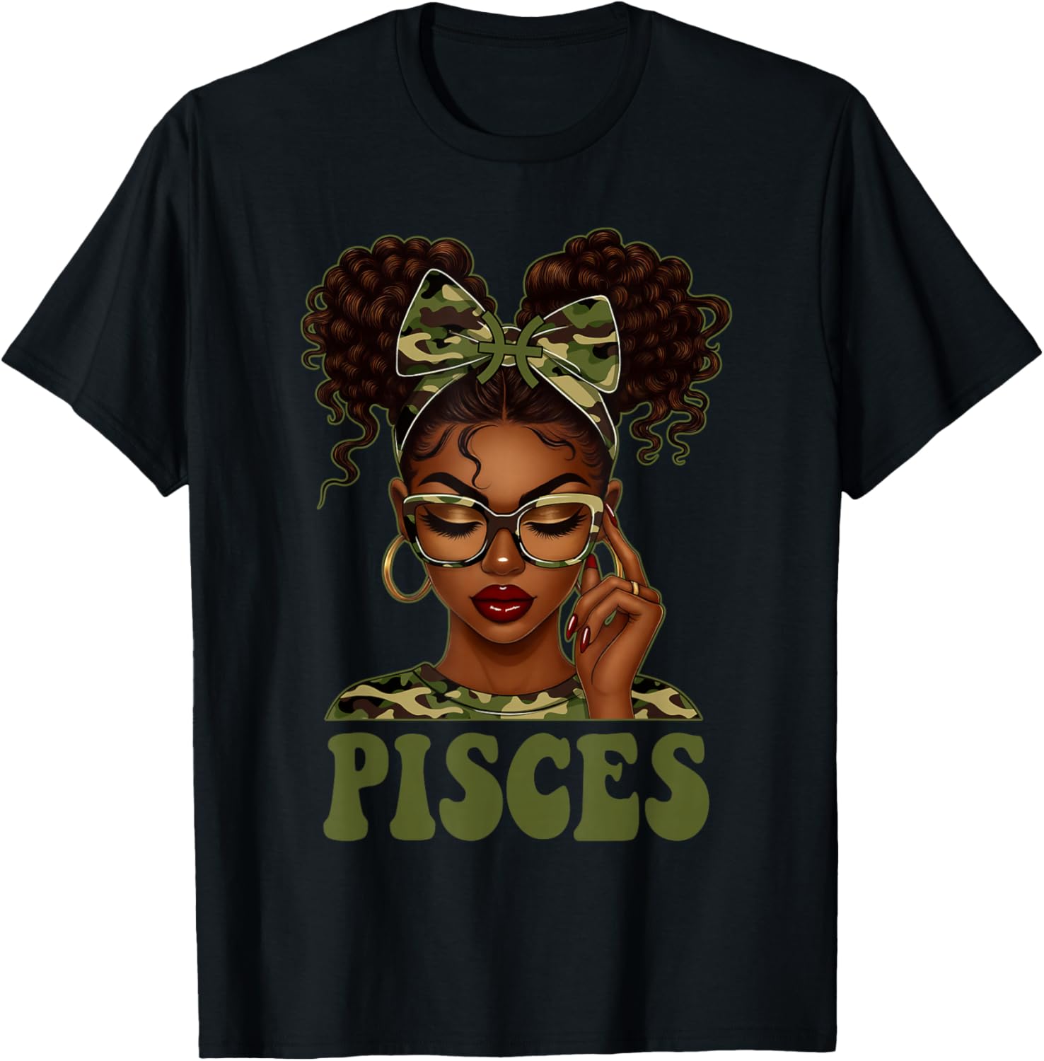 Pisces Queen Black Girl Camouflage Bow It's My Birthday T-Shirt - T-Shirt | Black
