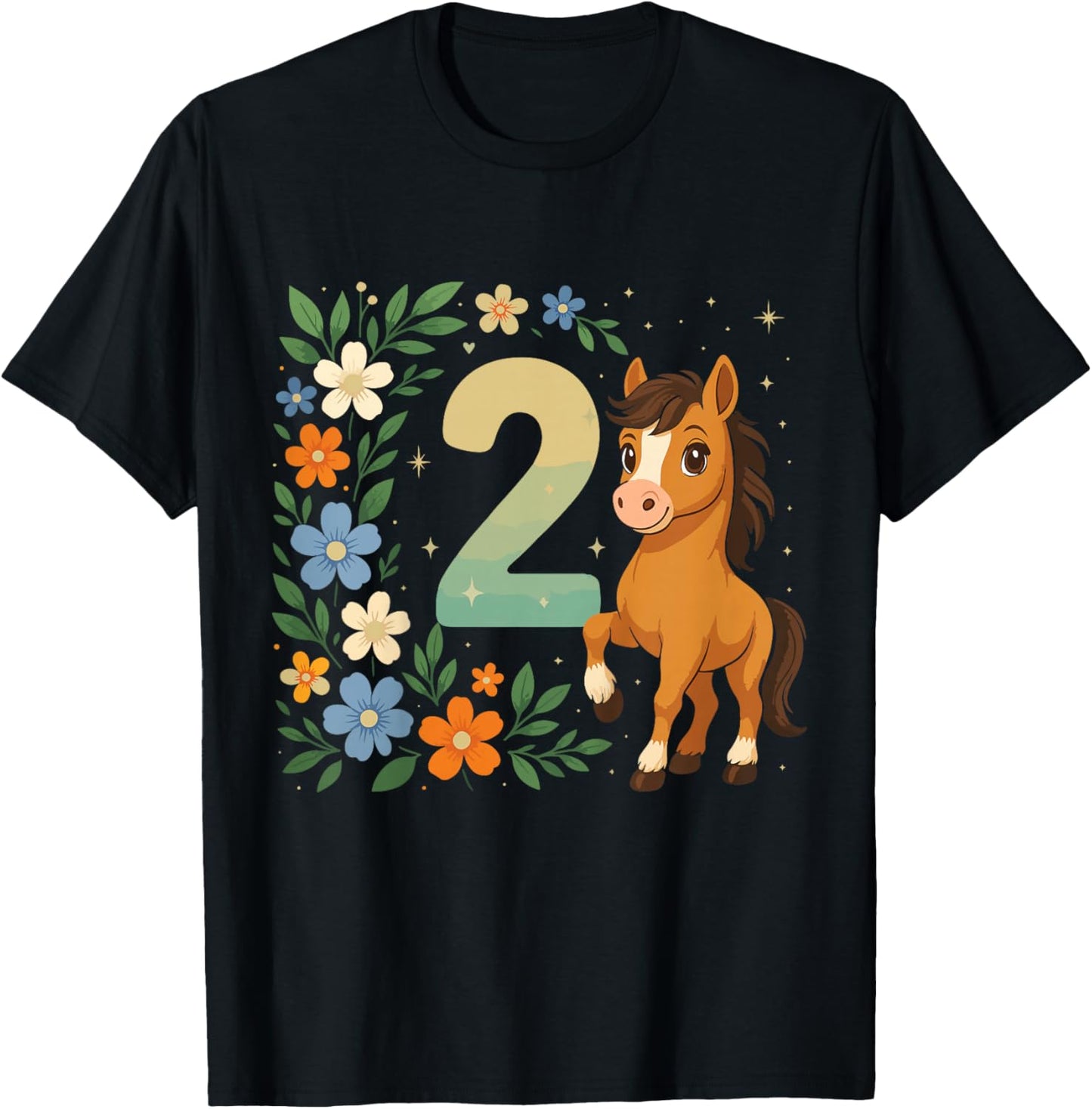 2nd Birthday Girl Pony Horse Flowers 2 Years Old T-Shirt - T-Shirt | Black