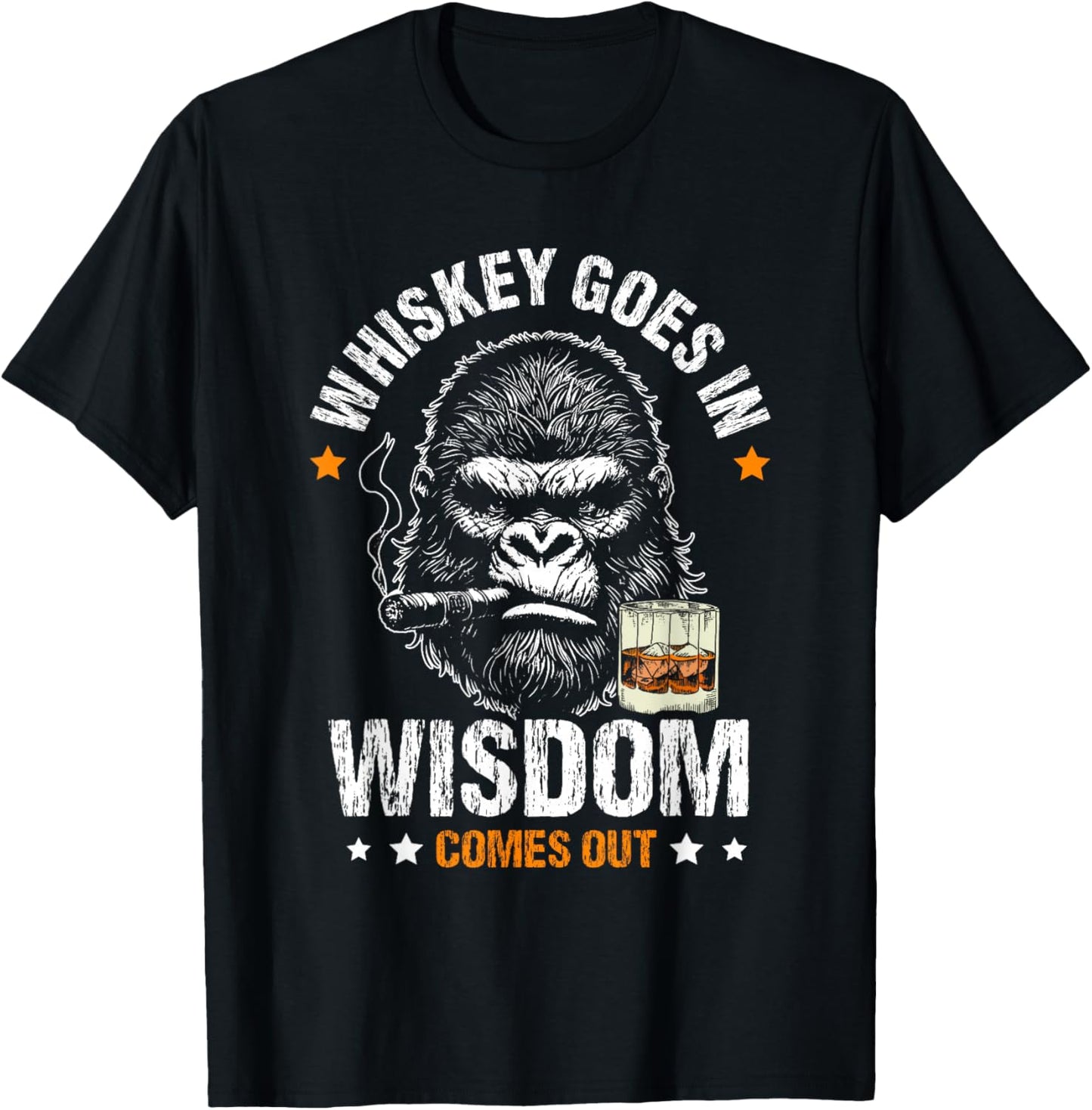 Whiskey GOES in Wisdom Comes Out Whiskey Humor Monkey T-Shirt - T-Shirt | Black