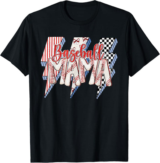 Checkered Bow Coquette Baseball Mama Game Day School Team T-Shirt - T-Shirt | Black