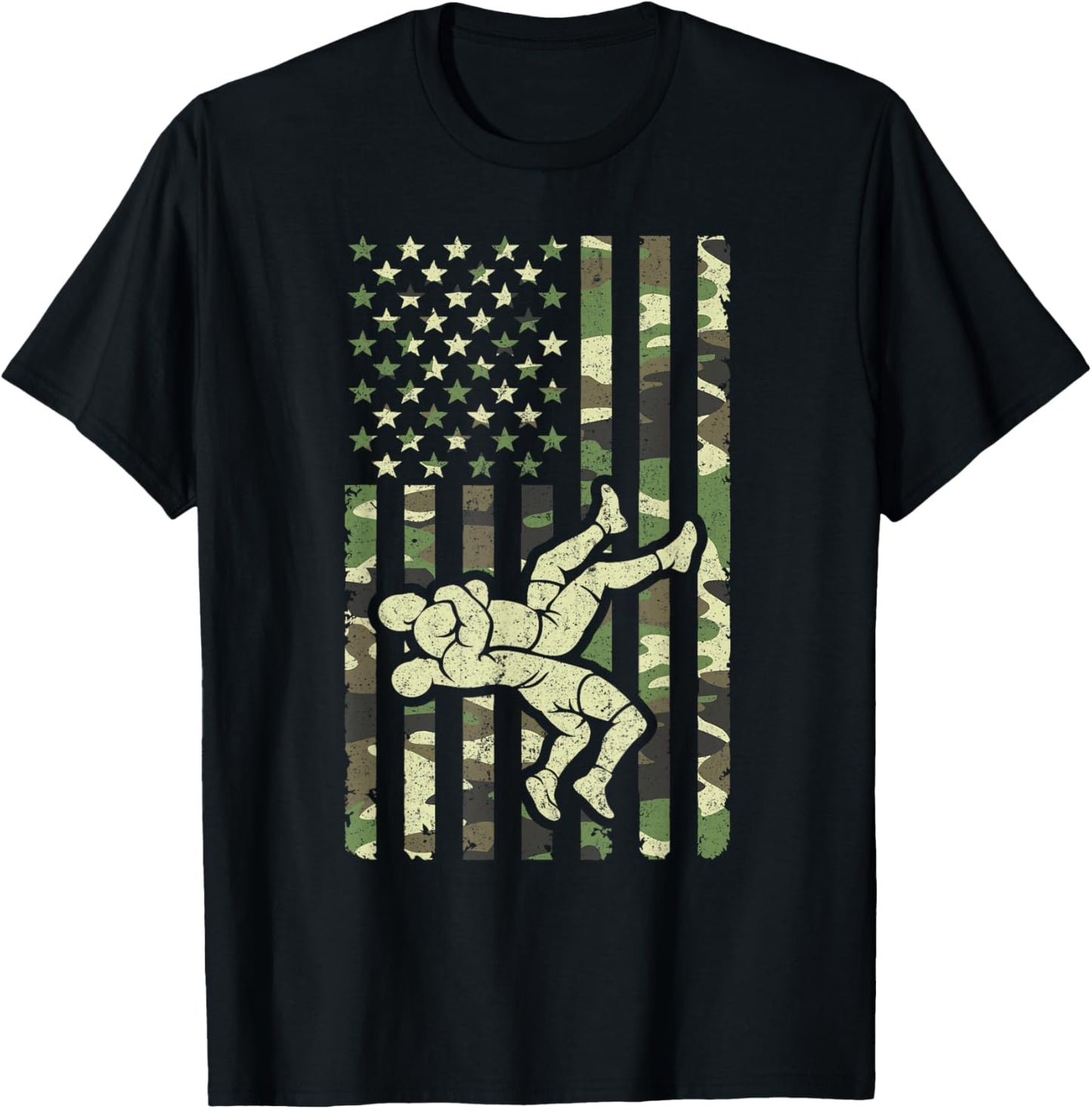 Vintage Wrestling Camo USA American Flag Patriotic Wrestler T-Shirt - T-Shirt | Black