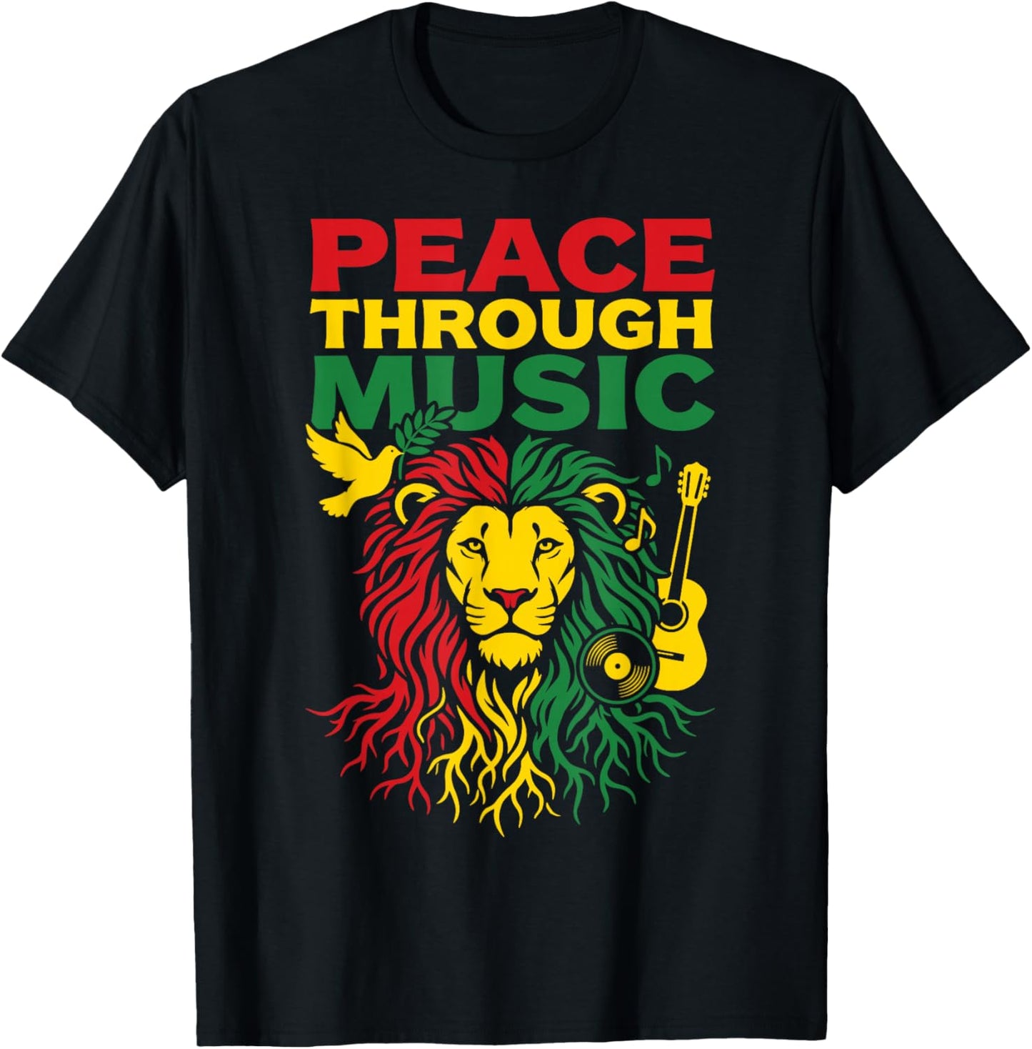 Peace Through Music Reggae Lion Rastafari Vibes Art Design T-Shirt - T-Shirt | Black