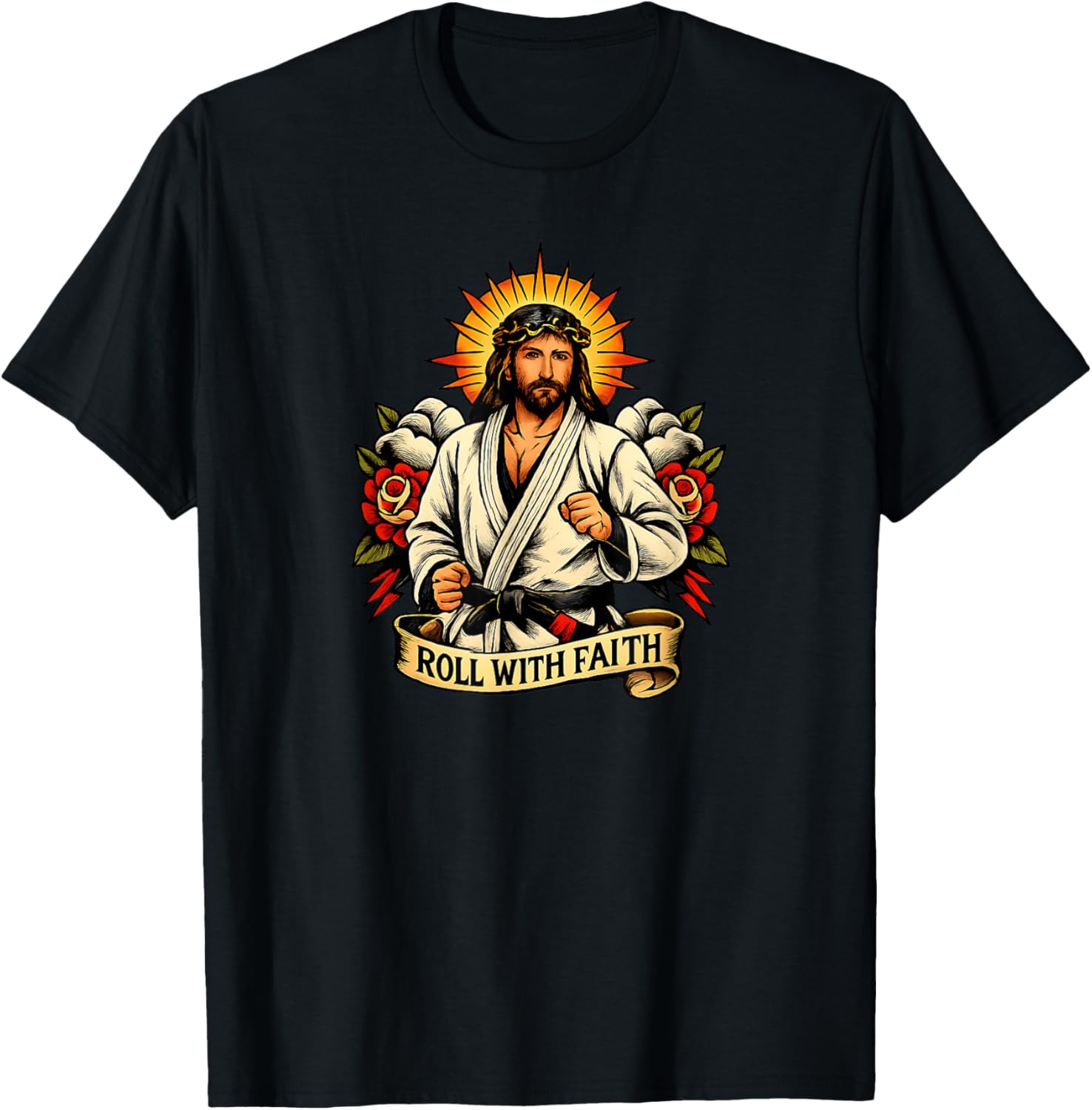 Roll with Faith Jesus Jiu Jitsu Cat BJJ MMA Christian T-Shirt - T-Shirt | Black