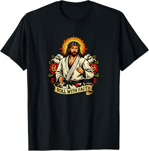 Roll with Faith Jesus Jiu Jitsu Cat BJJ MMA Christian T-Shirt - T-Shirt | Black