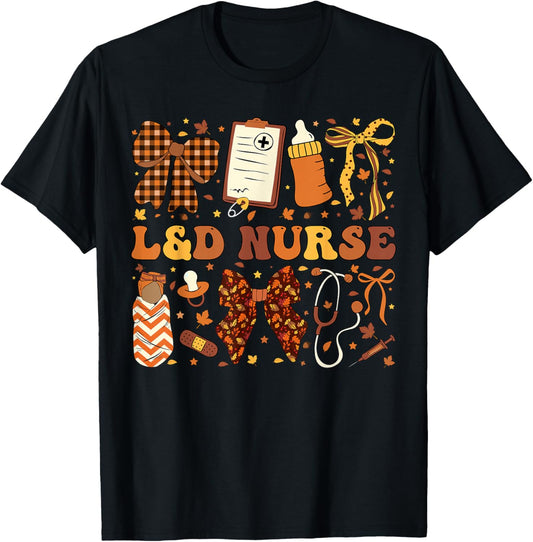 L&D Nurse Fall Autumn Coquette Labor Delivery Thanksgiving T-Shirt - T-Shirt | Black