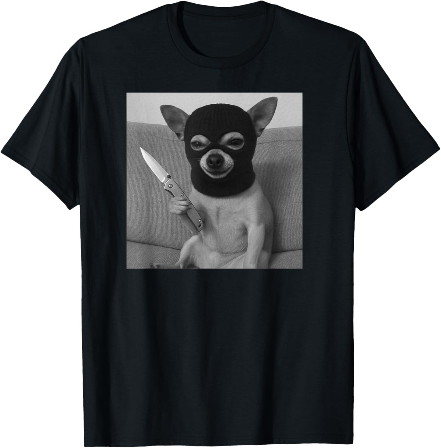 Funny Chihuahua Dog Wearing a ski mask and Holding a Knife T-Shirt - T-Shirt | Black