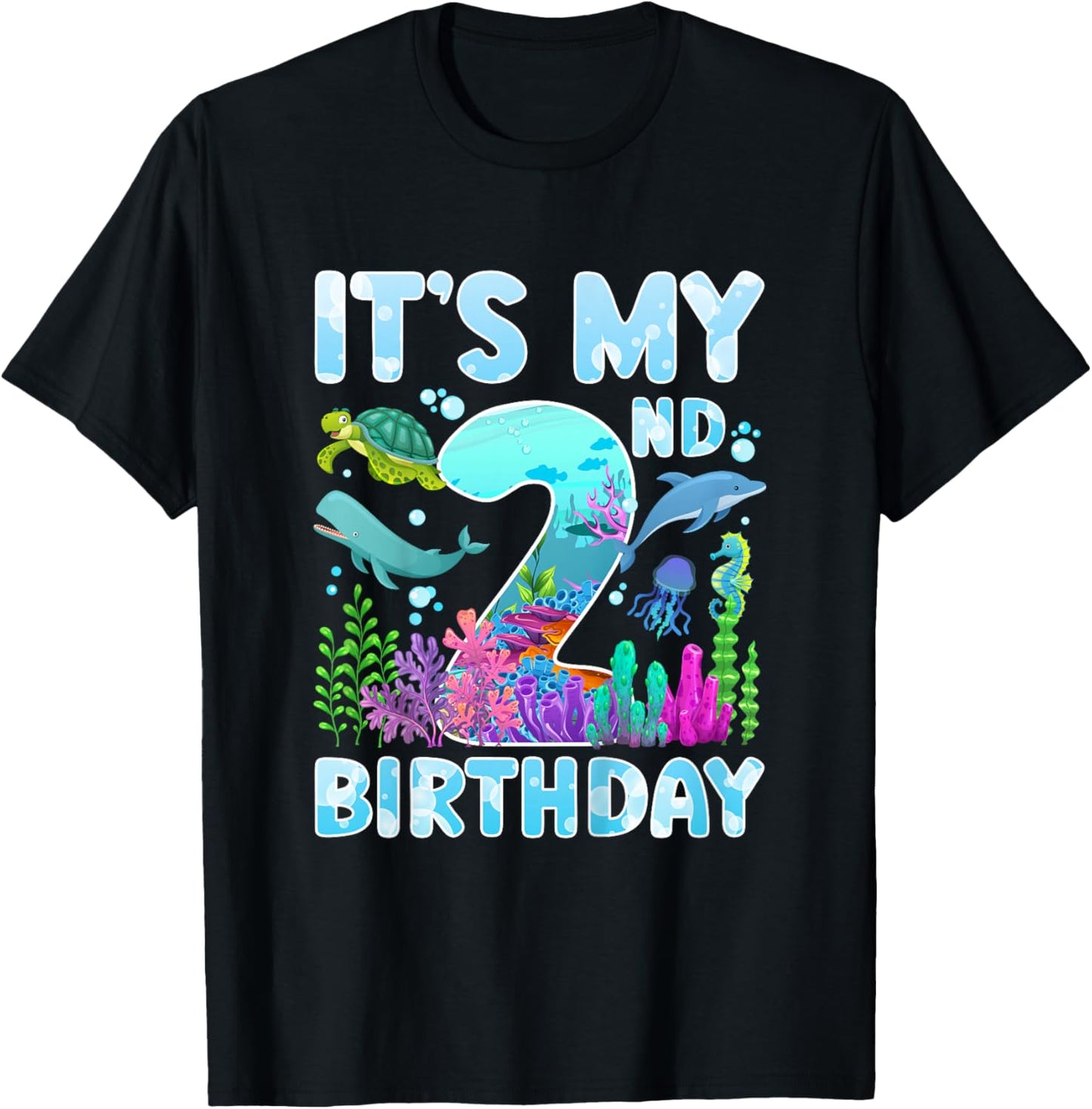 2nd Ocean Birthday Party Two Year Old Sea Animals T-Shirt - T-Shirt | Black