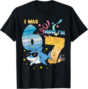 I was 6 Now I'm 7 Funny 67 Birthday Boys Girls Kids Shark T-Shirt - T-Shirt | Black