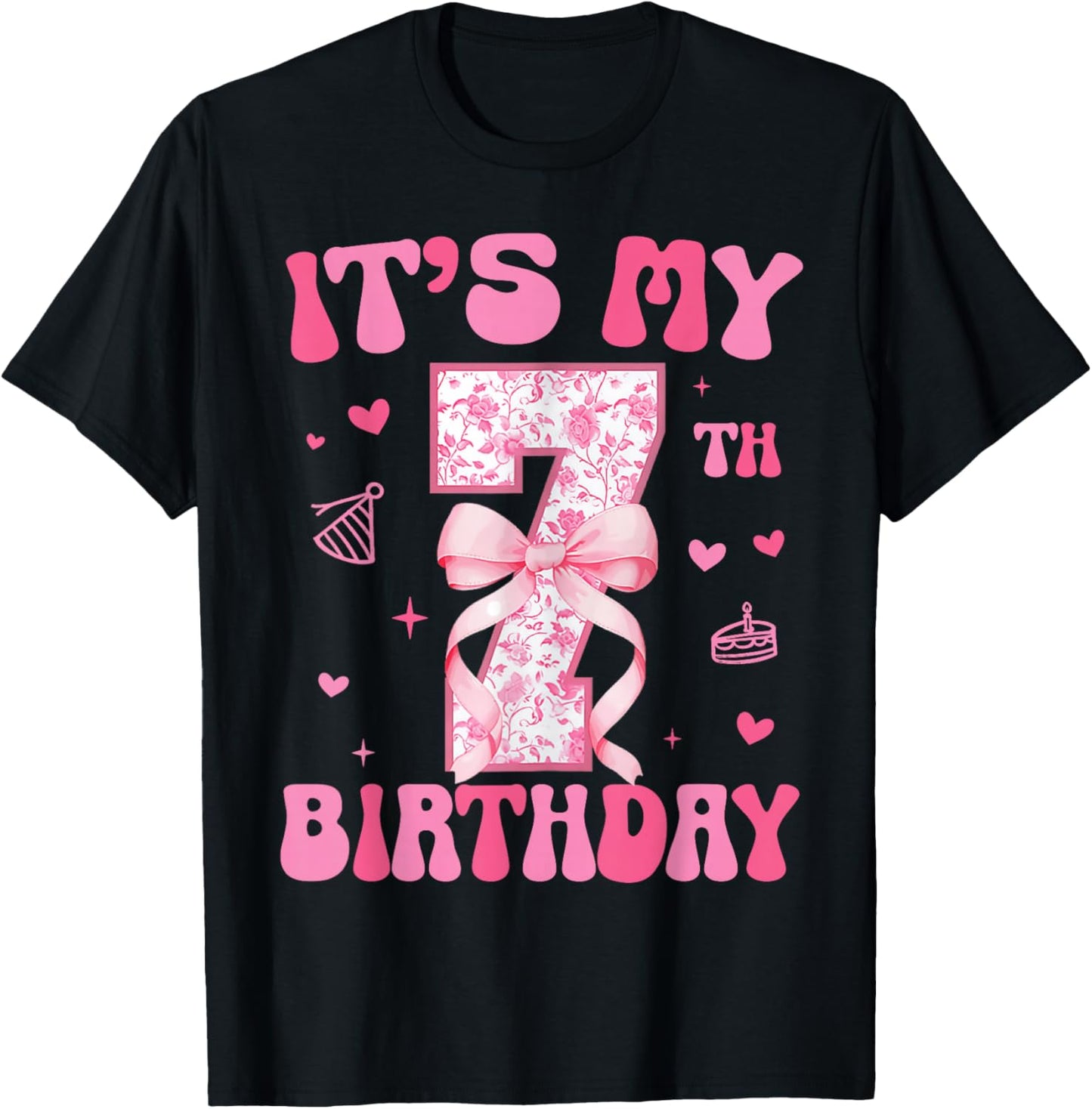 Its My 7th Birthday Girl Coquette Bow 7 Year Old Party Girl T-Shirt - T-Shirt | Black