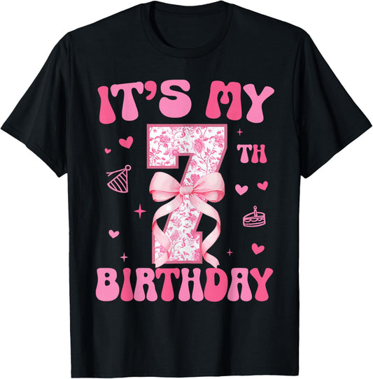 Its My 7th Birthday Girl Coquette Bow 7 Year Old Party Girl T-Shirt - T-Shirt | Black