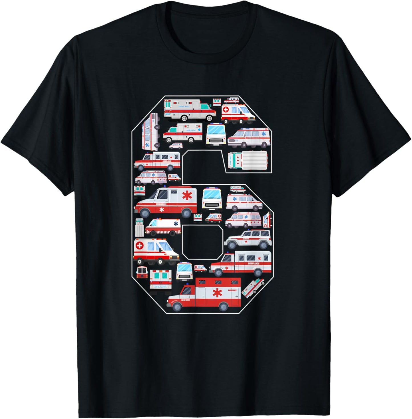 6 Years Old Kids 6th Birthday Ambulance Themed Party T-Shirt - T-Shirt | Black