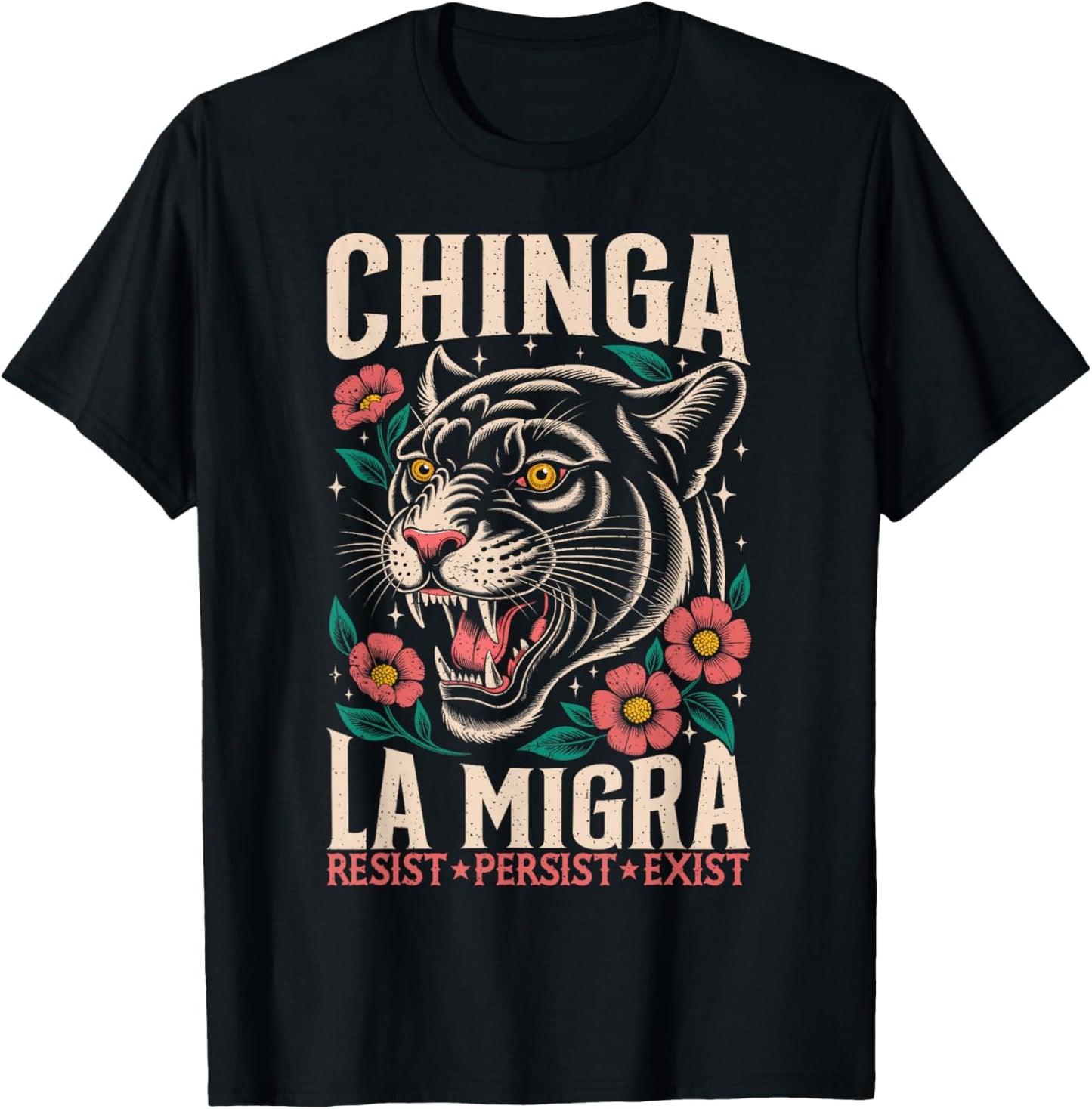 Chinga La Migra Funny Floral Cat Graphic Meme T-Shirt - T-Shirt | Black