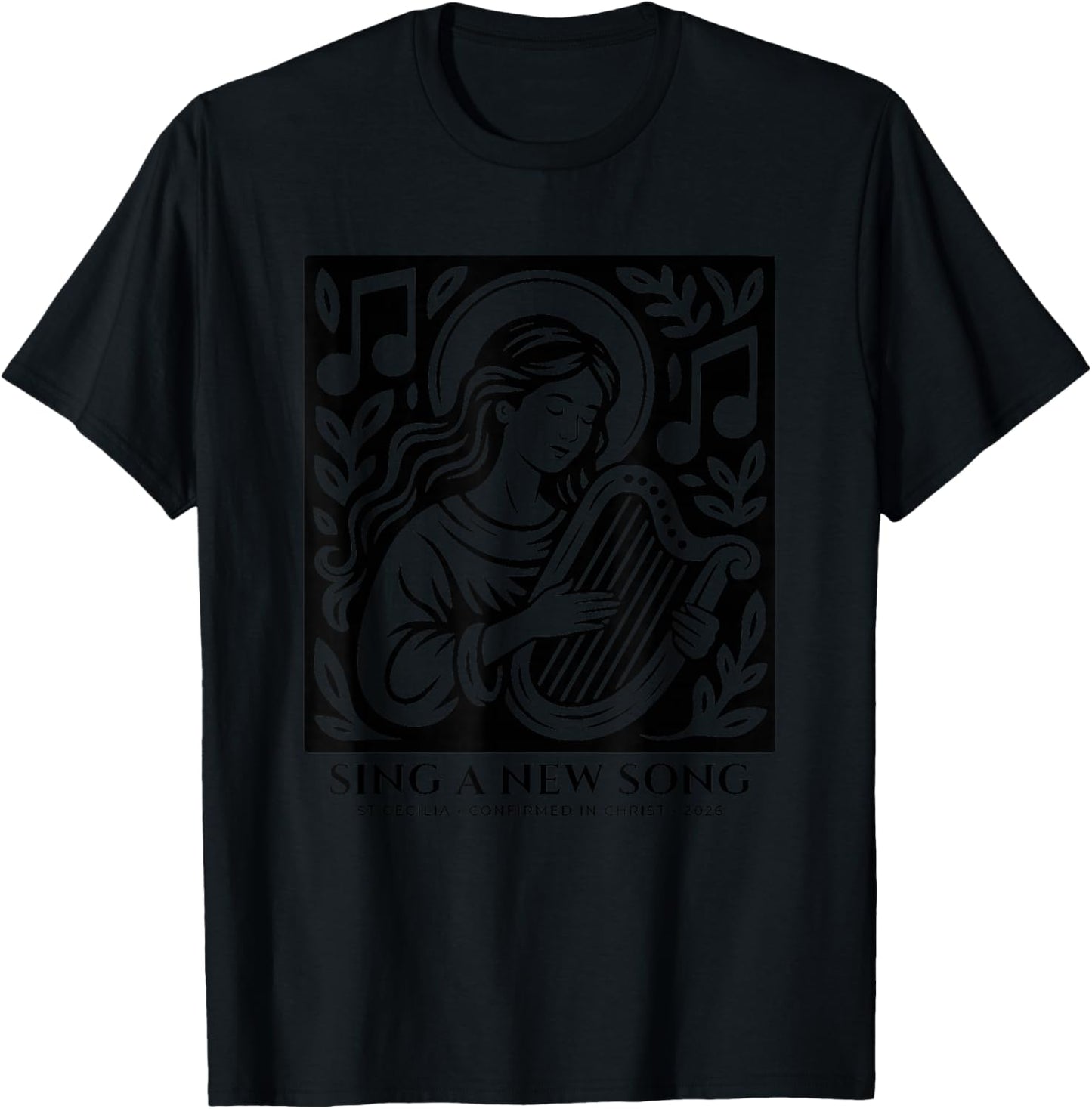 St Cecilia Confirmation 2026 Sing a New Song Linocut Style T-Shirt - T-Shirt | Black