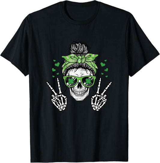 St Patricks Day Skull Bun Peace Saint Paddys Women Girls Kid T-Shirt - T-Shirt | Black
