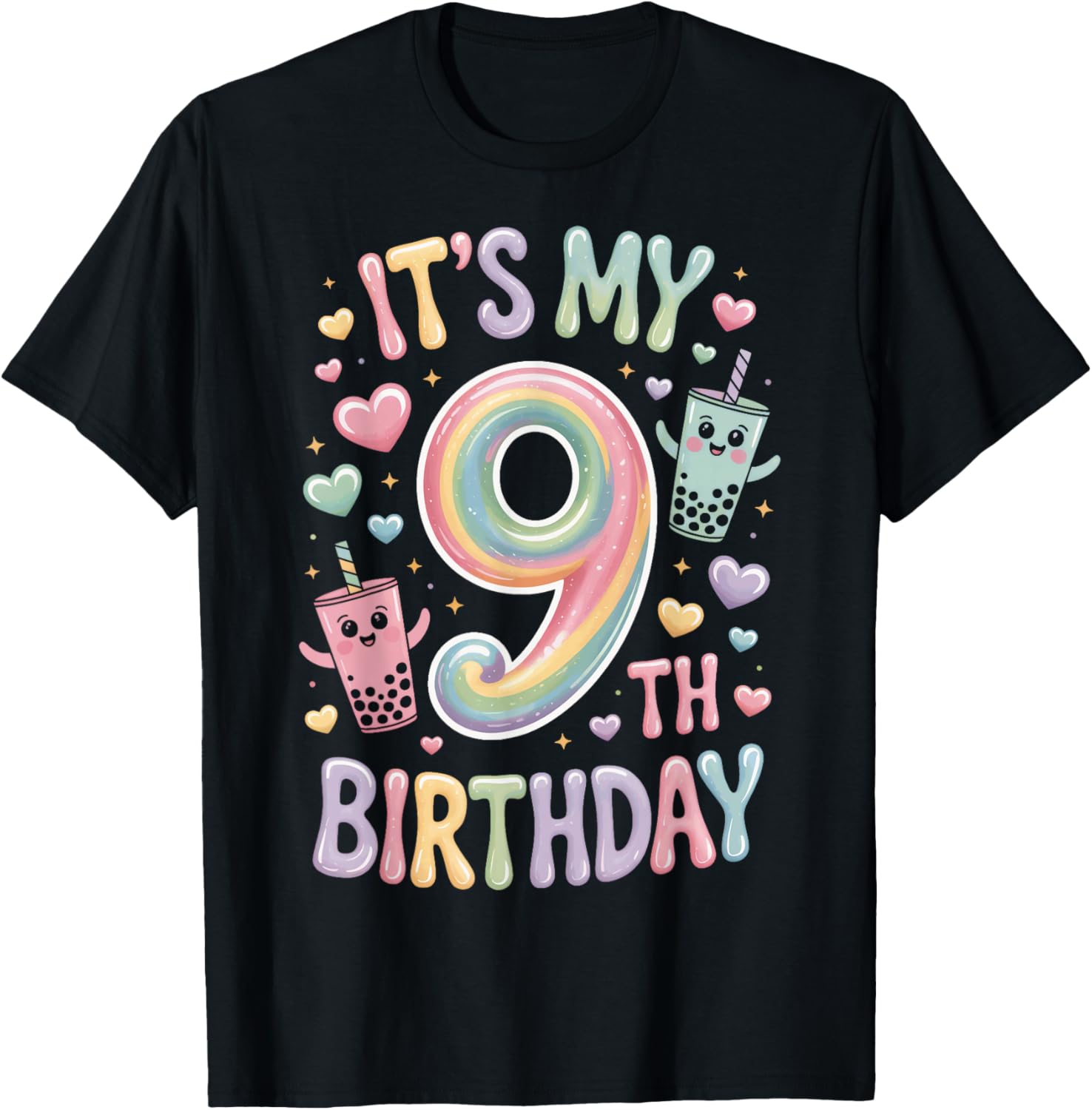 Its My 9th Birthday Boba Tea Lovers 9 Year Old Party T-Shirt - T-Shirt | Black