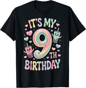 Its My 9th Birthday Boba Tea Lovers 9 Year Old Party T-Shirt - T-Shirt | Black