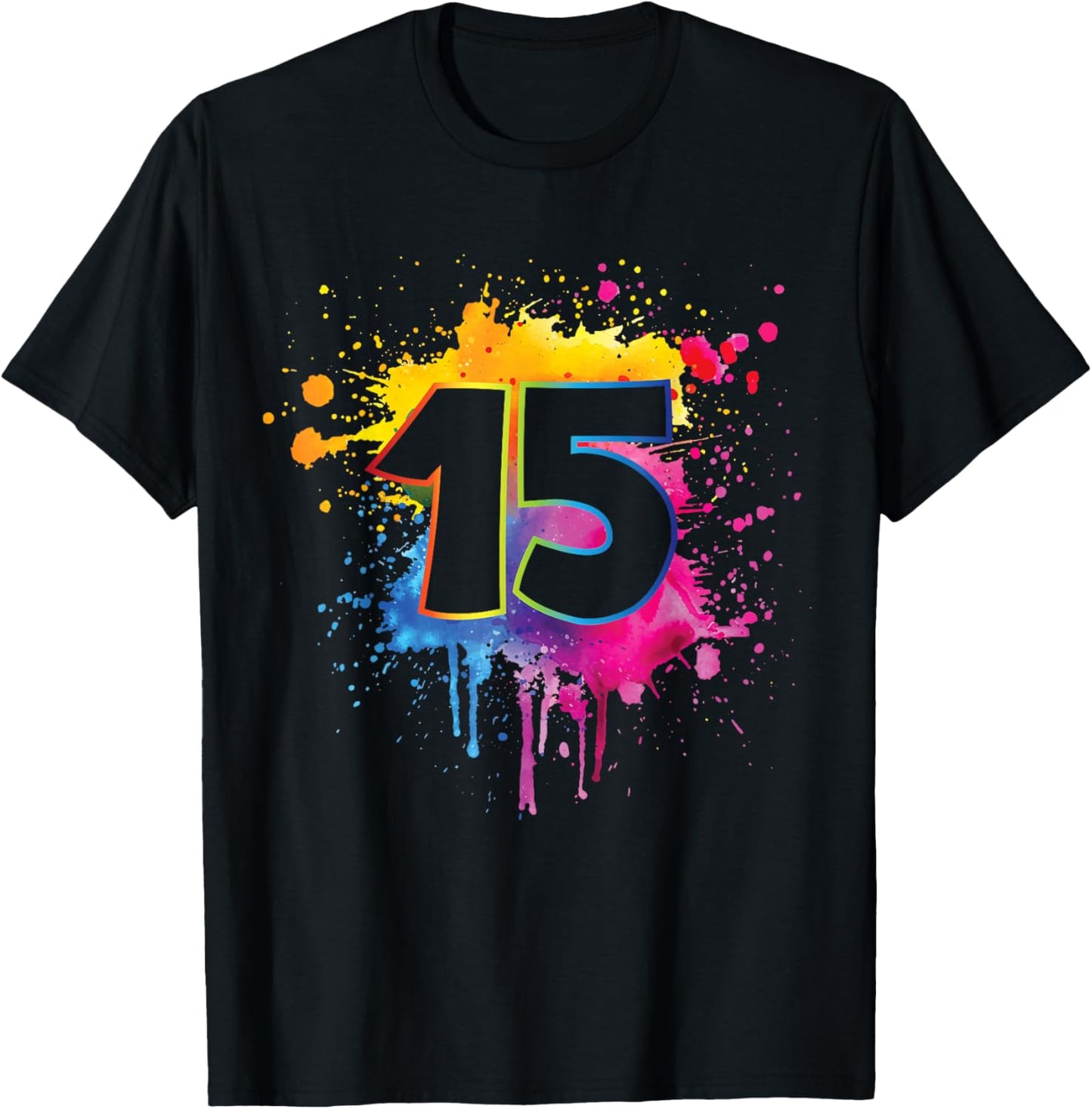 15th Birthday Colorful Paint Splashes 15 Year Old Girls Boys T-Shirt - T-Shirt | Black