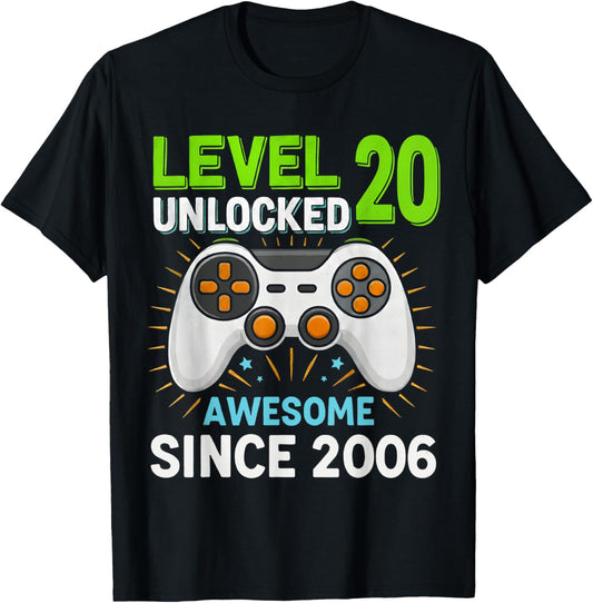 Level 20 Unlocked Awesome Since 2006 Gaming Birthday 20th T-Shirt - T-Shirt | Black