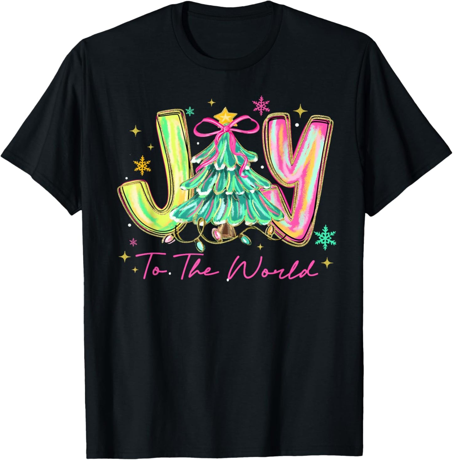 Joy to The World Merry Christmas Tree Coquette Bow Girly T-Shirt - T-Shirt | Black
