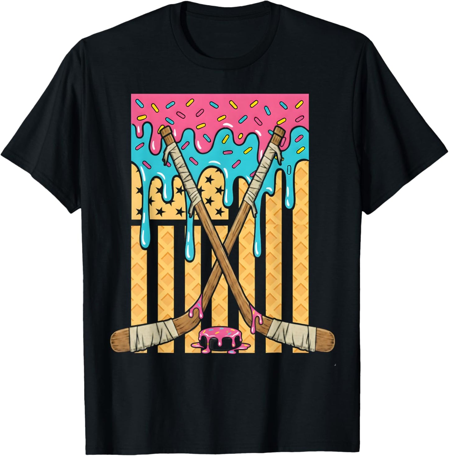 Ice Hockey Ice Cream Drip Boys American Flag Youth Players T-Shirt - T-Shirt | Black