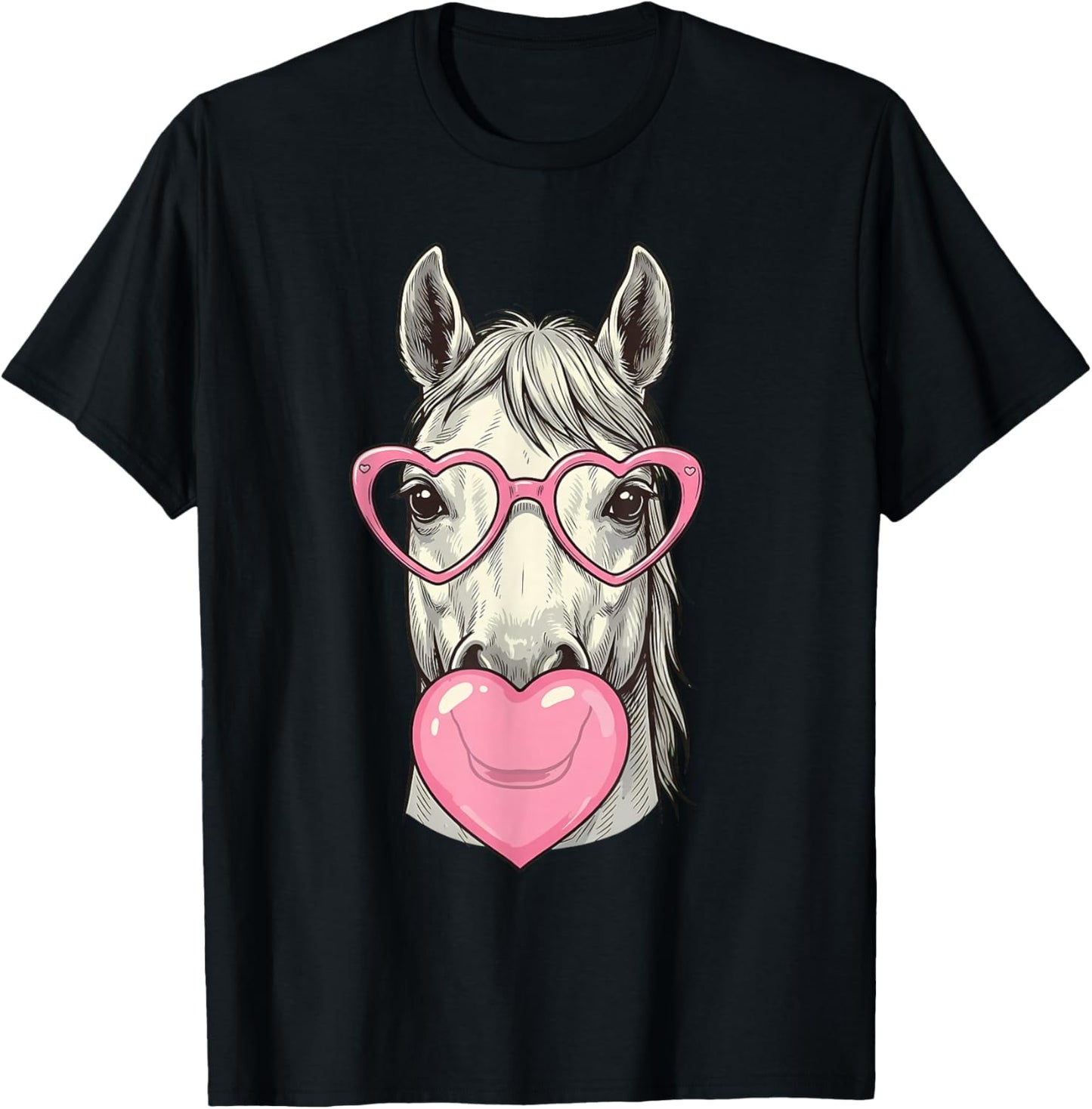 Cute Horse Blowing Pink Valentine Heart Bubble Gum T-Shirt - T-Shirt | Black