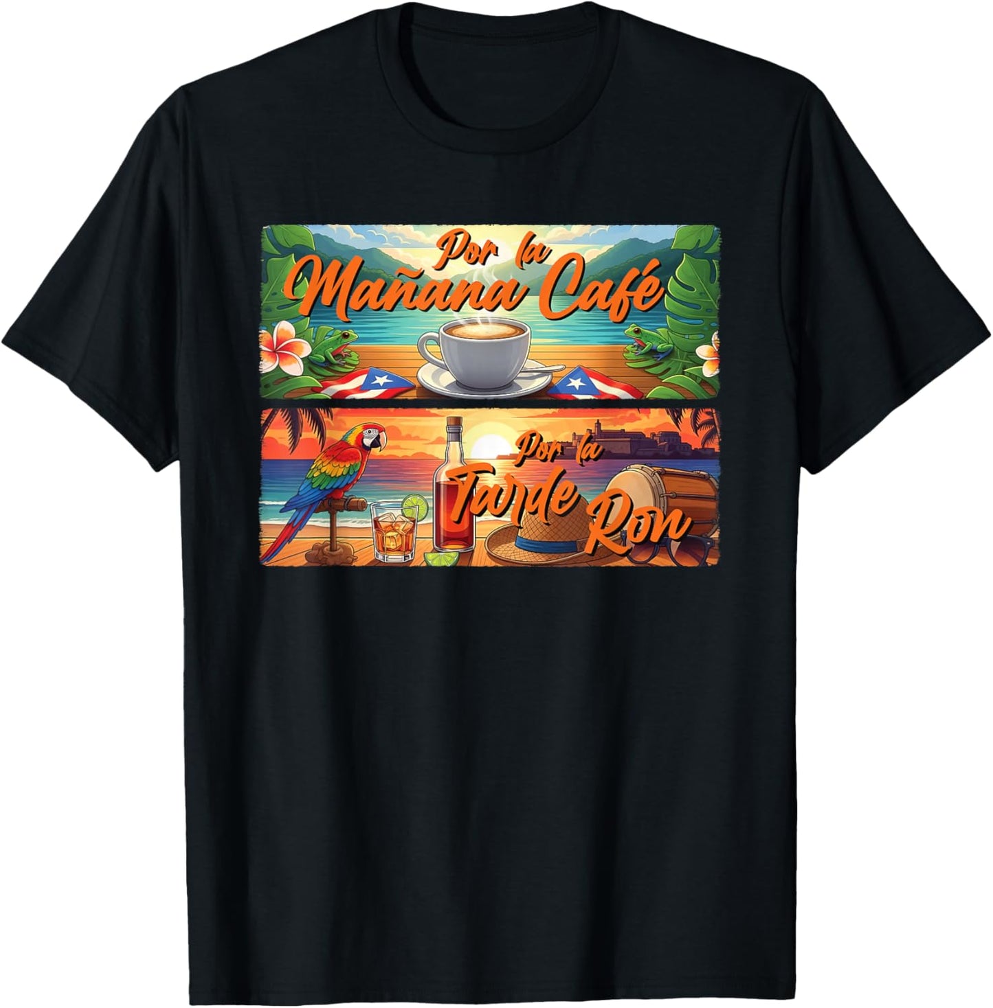 Por La Manana Cafe Puerto Rican Coqui Boricua Coffee PR T-Shirt - T-Shirt | Black