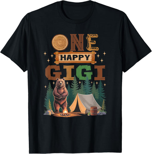 One Happy Gigi Camper 1St Birthday Camping Bear T-Shirt - T-Shirt | Black
