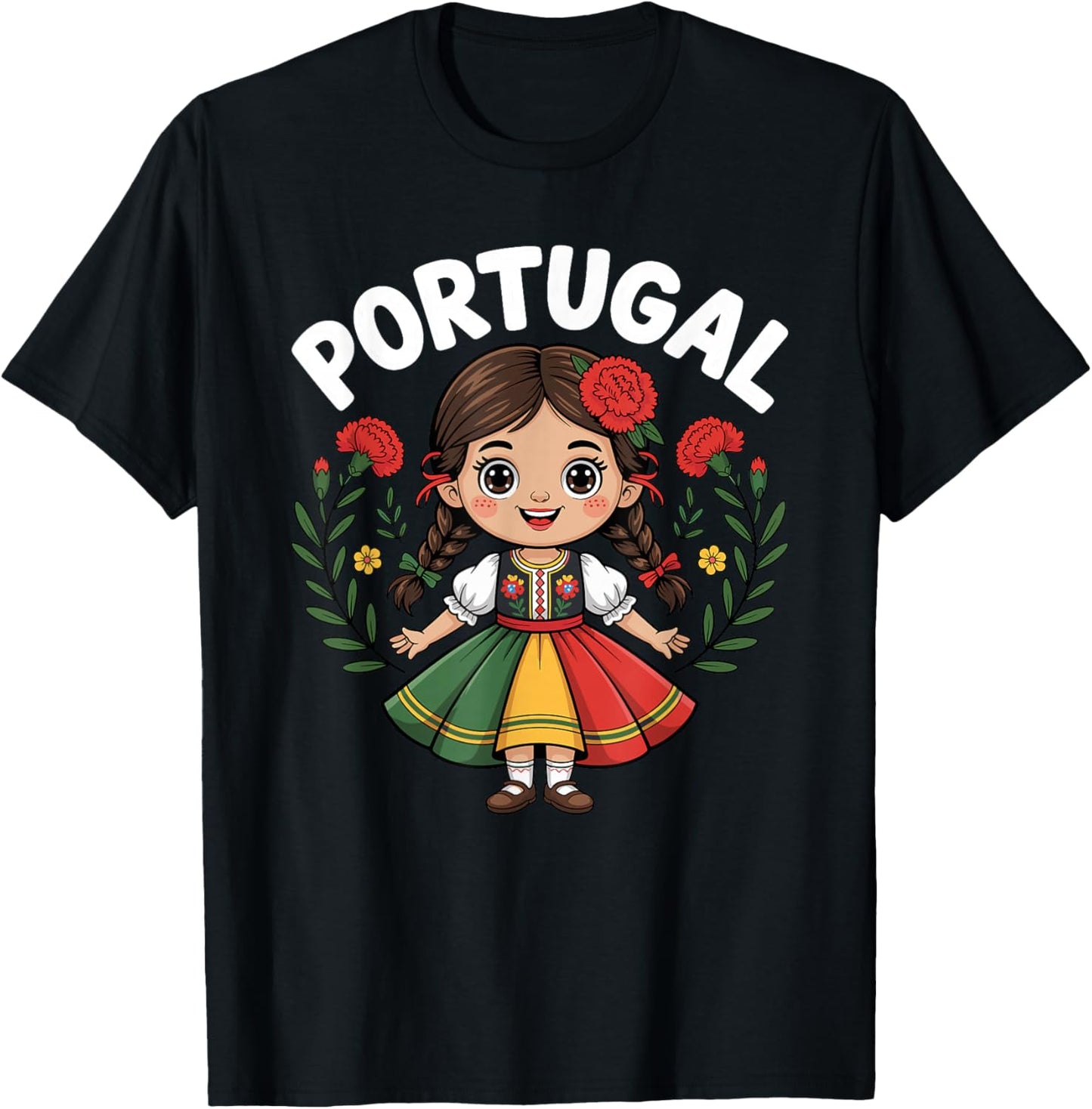 Portugal Girl in Traditional Folk Dress with Carnations Kids T-Shirt - T-Shirt | Black