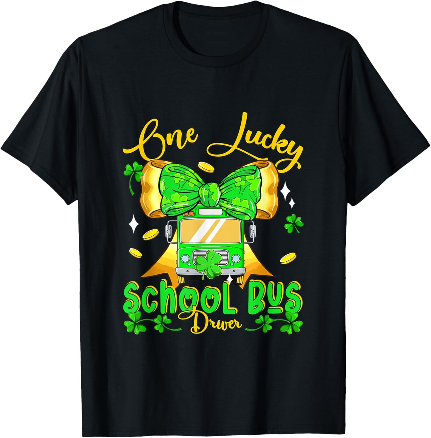 One Lucky Patrick's Day School Bus Driver Bow Tie Shamrocks T-Shirt - T-Shirt | Black