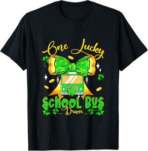 One Lucky Patrick's Day School Bus Driver Bow Tie Shamrocks T-Shirt - T-Shirt | Black
