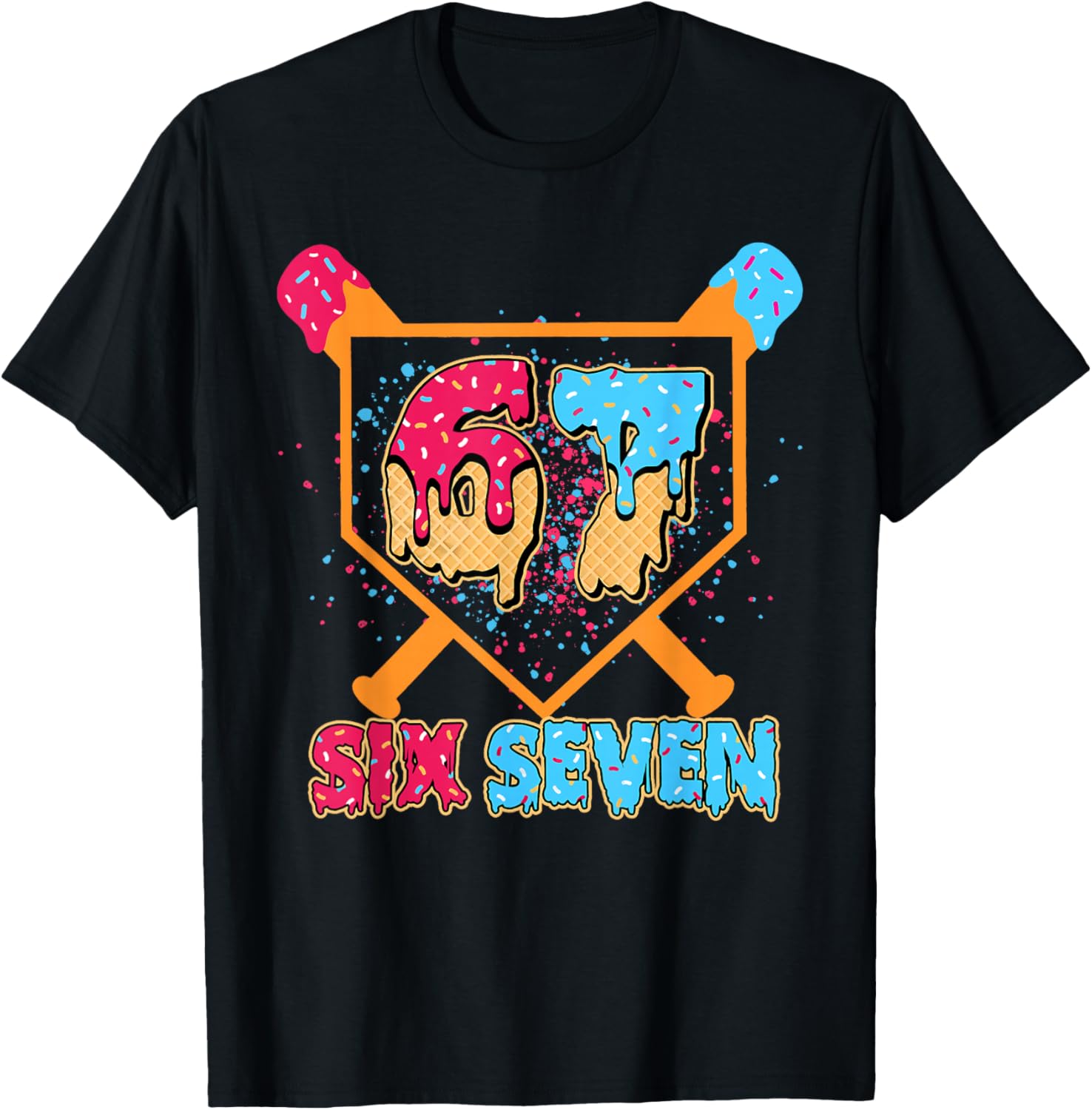 Six Seven Ice Cream Drip Cool Meme 67 Funny Number T-Shirt - T-Shirt | Black