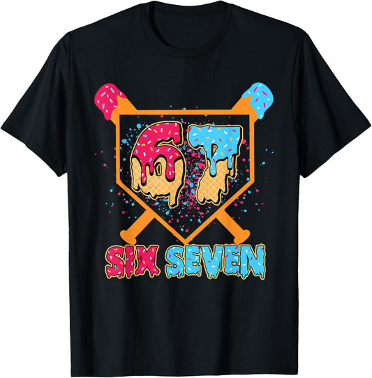 Six Seven Ice Cream Drip Cool Meme 67 Funny Number T-Shirt - T-Shirt | Black